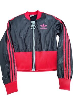 Vintage/retro style Adidas Black and Red Zip-Up Cropped Track Jacket